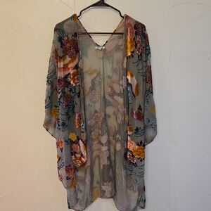 Nostalgia Sheer Kimono with Purple and Yellow Accents In Burnout Velvet